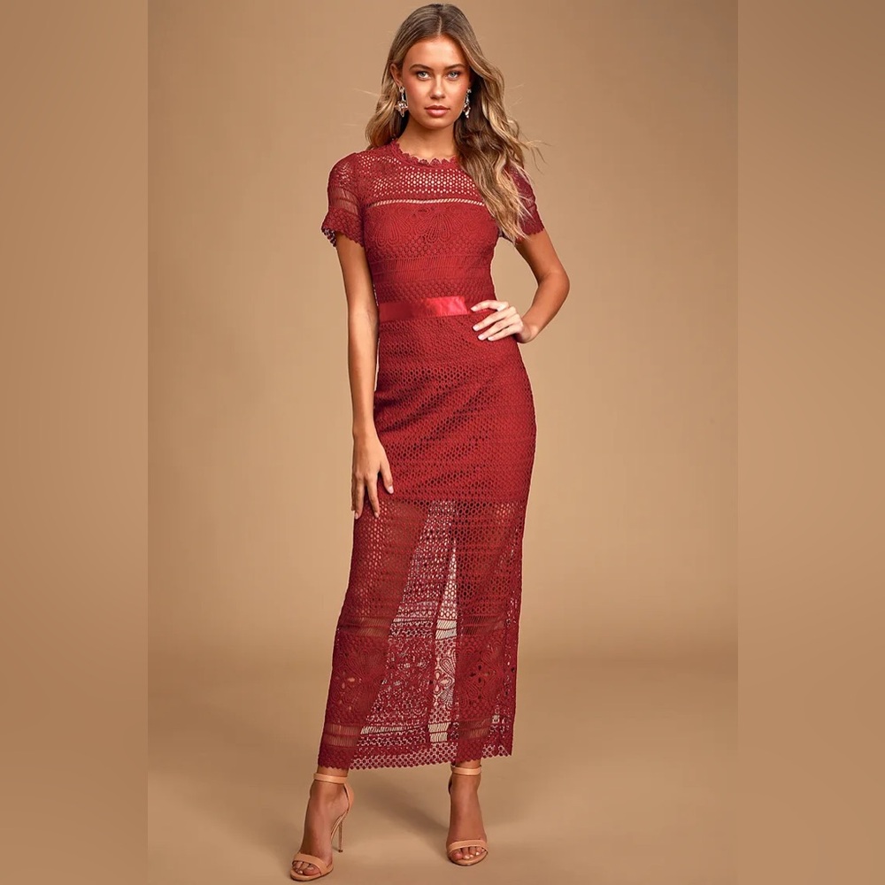 Lulus “Love For You” Burgundy Crochet Lace Short Sleeve Maxi Dress w/ slip!